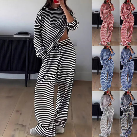 Damen Gestreiftes Lounge-Set aus weichem Baumwoll-Mix mit weitem Bein Shop Nory
