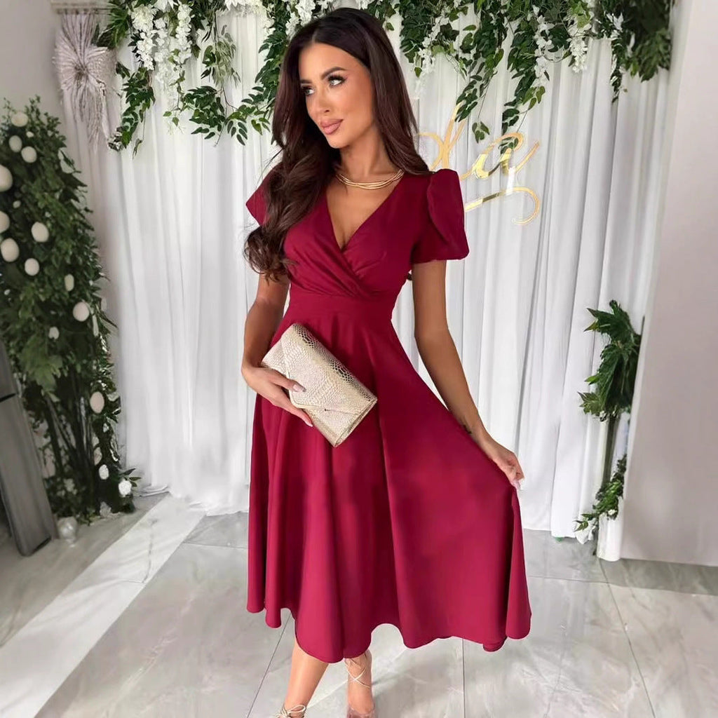 Damen elegantes Midikleid mit Wickeloptik und ausgestelltem Rock