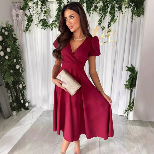 Damen elegantes Midikleid mit Wickeloptik und ausgestelltem Rock