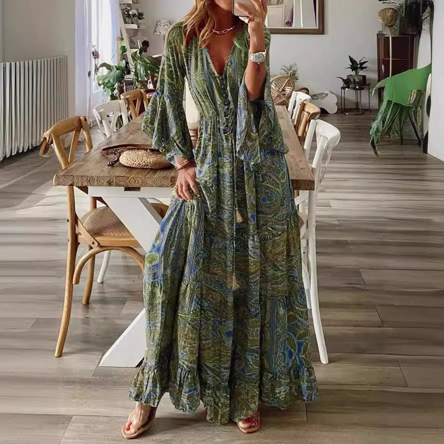 Damen Boho-Maxikleid mit Paisley‑Print, V‑Ausschnitt, Volantärmeln und Taillen‑Bindegürtel Shop Nory