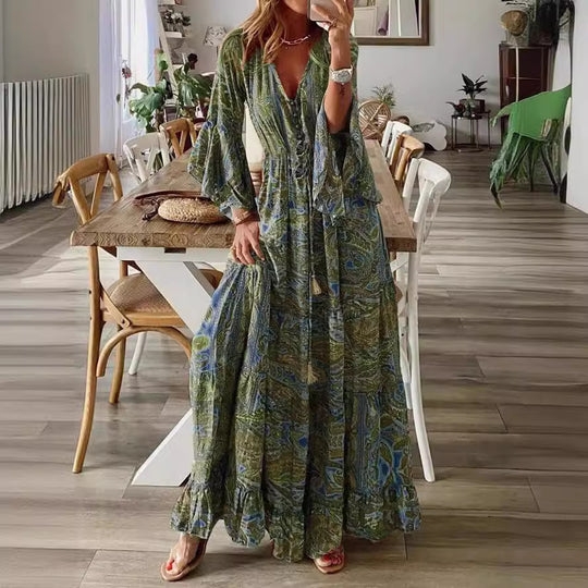 Damen Boho-Maxikleid mit Paisley‑Print, V‑Ausschnitt, Volantärmeln und Taillen‑Bindegürtel Shop Nory