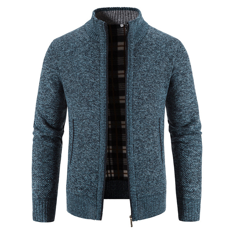 Herren Strickjacke mit durchgehendem Reißverschluss, Stehkragen und kariertem Futter Shop Nory