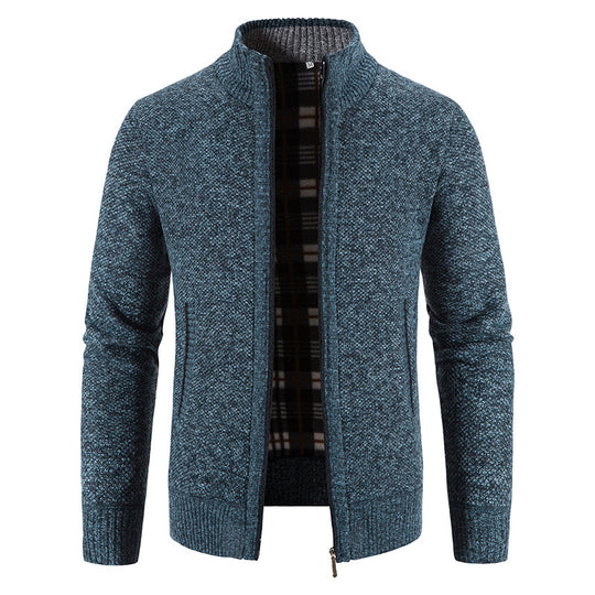 Herren Strickjacke mit durchgehendem Reißverschluss, Stehkragen und kariertem Futter Shop Nory