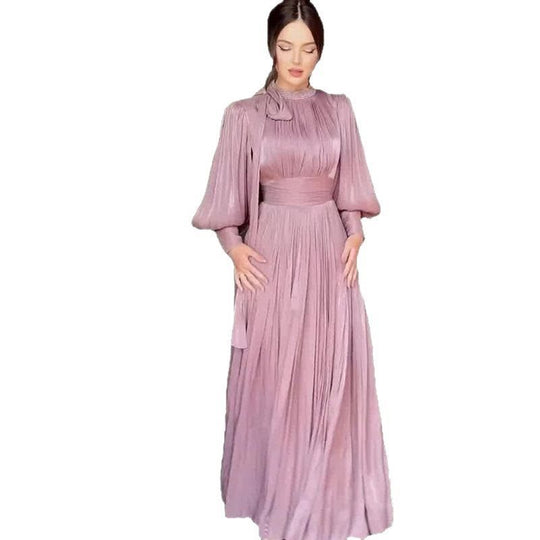 Damen Elegantes Chiffon-Maxikleid mit tailliertem Wickelbund, Stehkragen und langen Puffärmeln Shop Nory