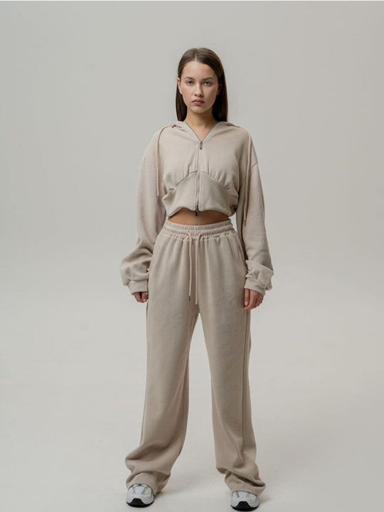 Damen kurzes Reißverschluss-Cropped-Hoodie mit hoher Bund Palazzo-Jogginghose Set Shop Nory