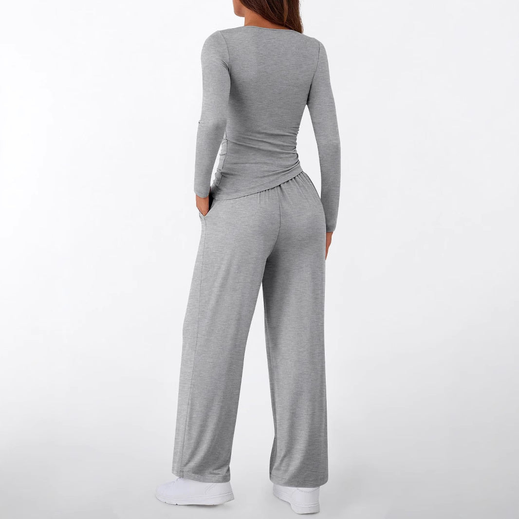 Damen Figurnahes Langarm-Shirt und Palazzo-Jerseyhose Loungewear-Set Shop Nory