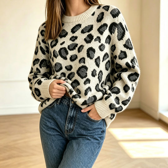 Damen Kuscheliger Rundhalspullover im Leo-Jacquard mit entspanntem Oversize-Schnitt Shop Nory
