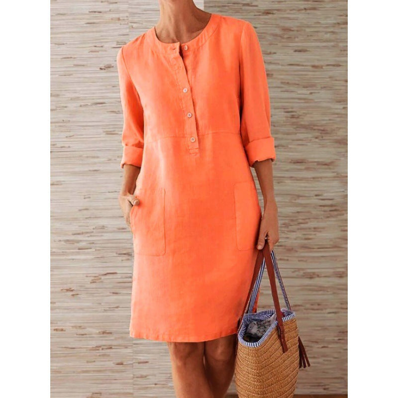 Damen Locker geschnittenes Leinenoptik-Kleid mit dreiviertel-Ärmeln, Knopfleiste und Eingrifftaschen Shop Nory