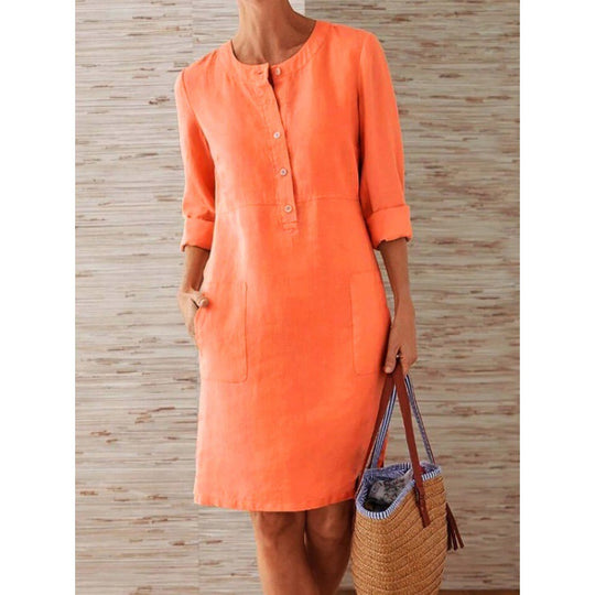 Damen Locker geschnittenes Leinenoptik-Kleid mit dreiviertel-Ärmeln, Knopfleiste und Eingrifftaschen Shop Nory