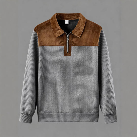 Unisex nan feinstrukturierter Strickpullover mit halbem Reißverschlusskragen und Samtbesatz Shop Nory