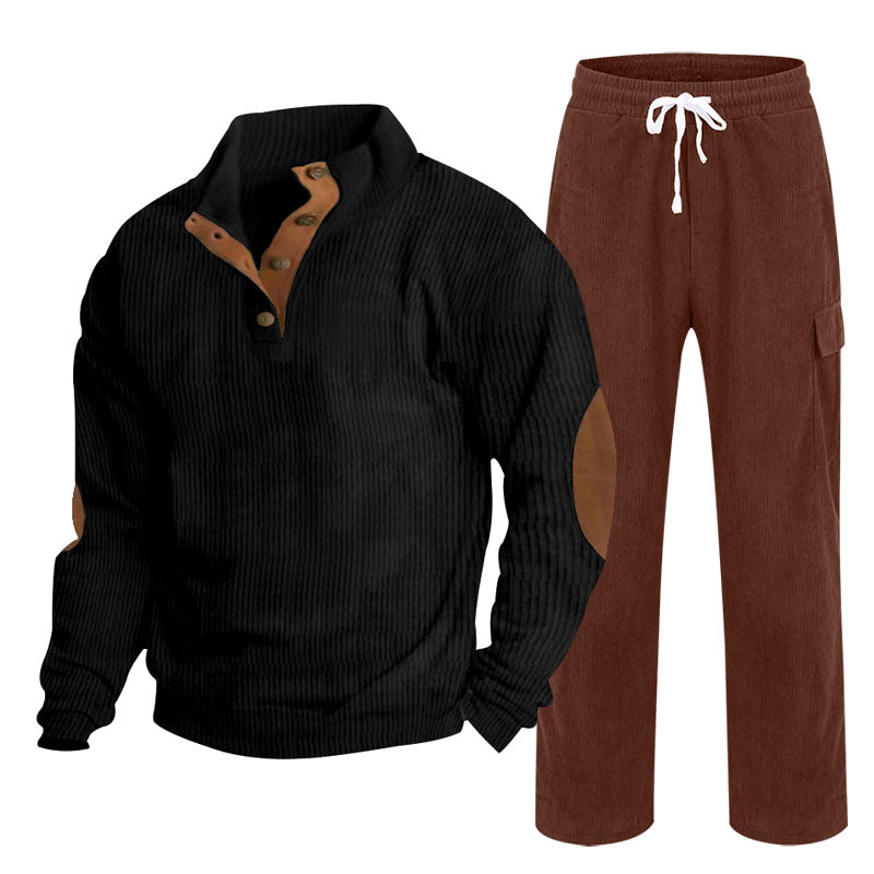 Herren Gemütliches Freizeit-Set aus Waffelstrick-Henley mit Ellenbogenpatch und Relax-Cargo-Hose Shop Nory