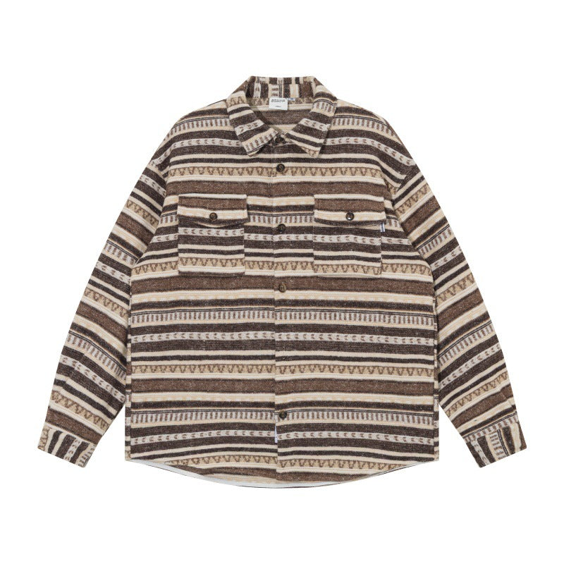 Unisex Oversize-Strickshirtjacke im Ethno‑Streifenmuster mit Pattentaschen Shop Nory