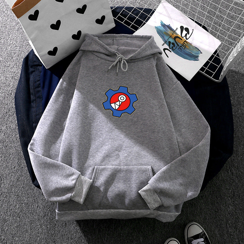 Damen nan oversized Fleece-Kapuzenpullover mit weicher Innenseite, Kängurutasche und appliziertem Zahnrad-Comic-Motiv Shop Nory