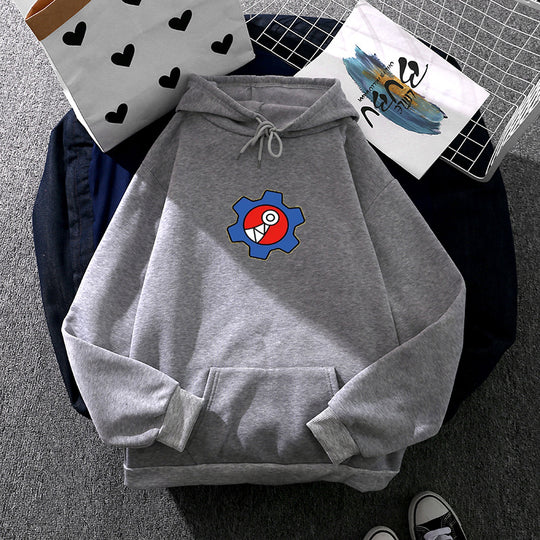 Damen nan oversized Fleece-Kapuzenpullover mit weicher Innenseite, Kängurutasche und appliziertem Zahnrad-Comic-Motiv Shop Nory
