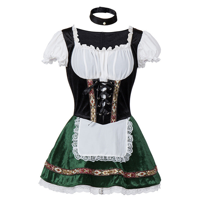 Damen nan kurzes Trachtenkleid im Dirndlstil mit Schnürung, schulterfreiem Carmen-Ausschnitt und Zierschürze Shop Nory