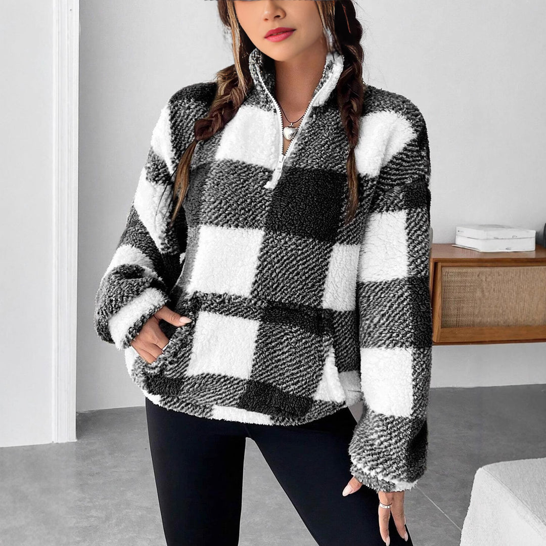 Damen nan kuscheliger Sherpa-Pullover mit Stehkragen, Half-Zip und Kängurutasche Shop Nory