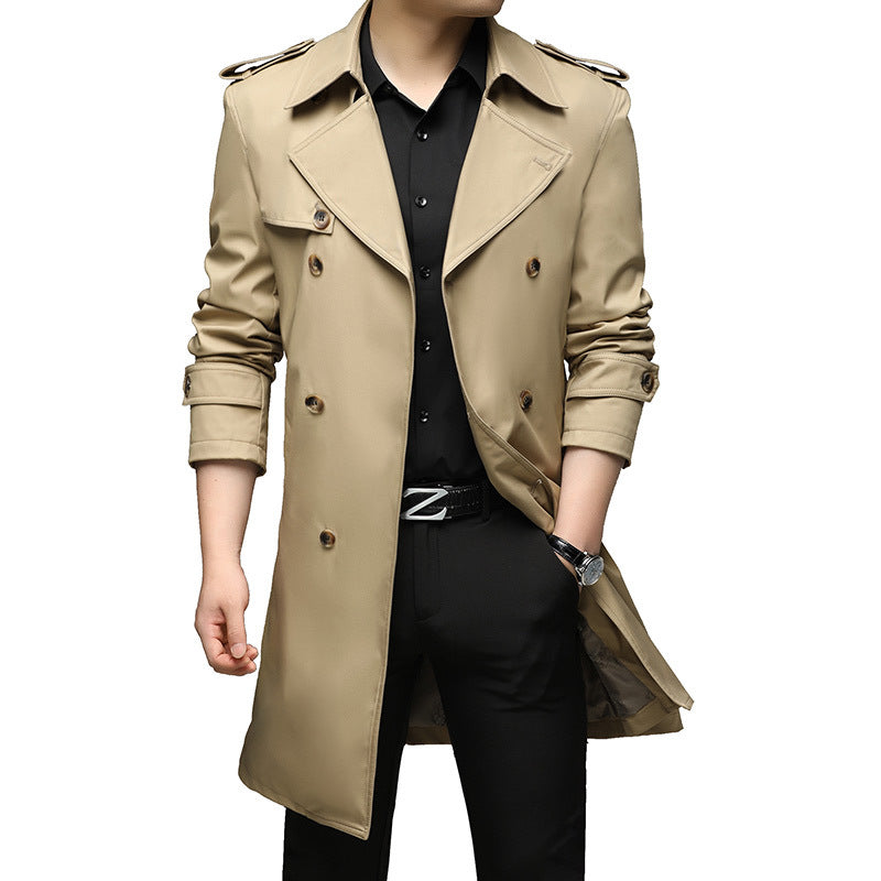 Herren Langer Slim-Fit Doppelreihiger Trenchcoat mit Epauletten und Taillengürtel Shop Nory
