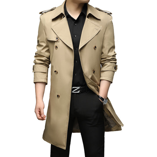 Herren Langer Slim-Fit Doppelreihiger Trenchcoat mit Epauletten und Taillengürtel Shop Nory