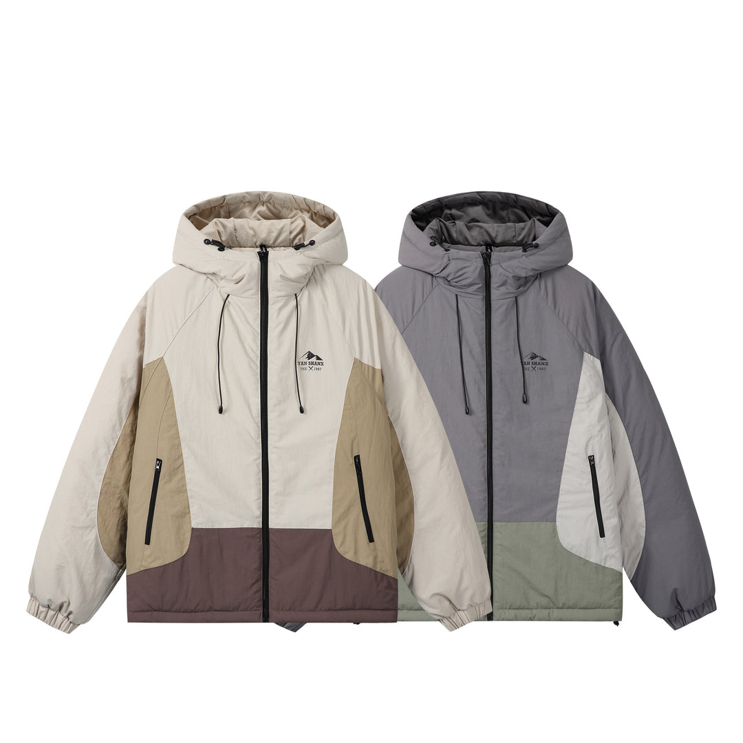Unisex Boxy Colorblock Kapuzenpufferjacke mit winddichter Hülle und Reißverschlusstaschen Shop Nory