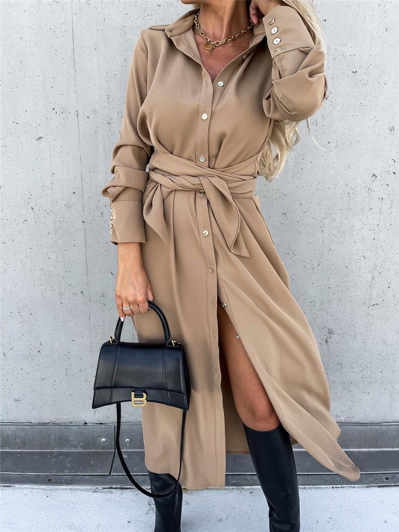 Damen Tailliertes Hemdblusen-Midikleid mit Bindegürtel, Manschetten und Frontschlitz Shop Nory