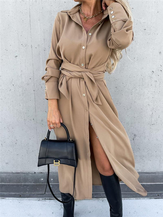 Damen Tailliertes Hemdblusen-Midikleid mit Bindegürtel, Manschetten und Frontschlitz Shop Nory