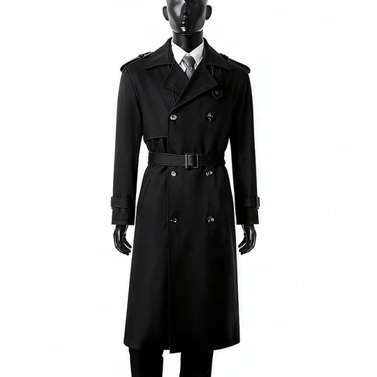Herren Zeitloser Maxilanger Trenchcoat im Military-Stil mit Sturmklappe und Taillengürtel Shop Nory