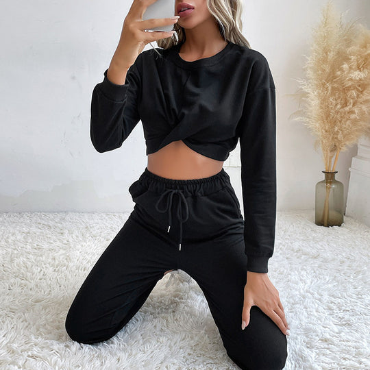 Damen Zweiteiliges Lounge-Set mit gedrehtem kurz geschnittenem Sweatshirt und hochtaillierter Jogginghose Shop Nory