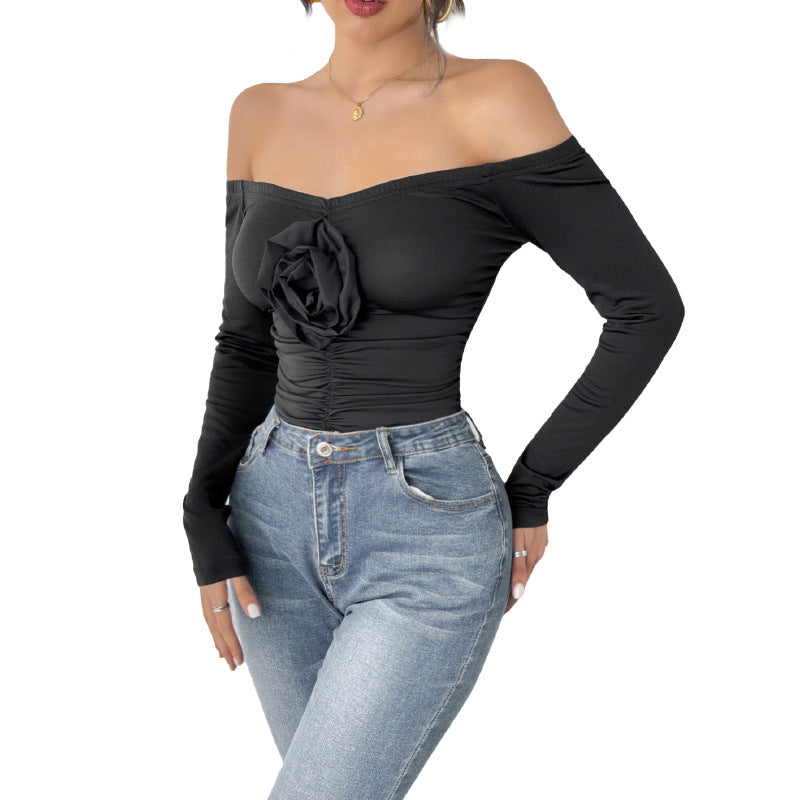 Damen Schulterfreies Longsleeve mit Rosenapplikation und taillierter Raffung Shop Nory