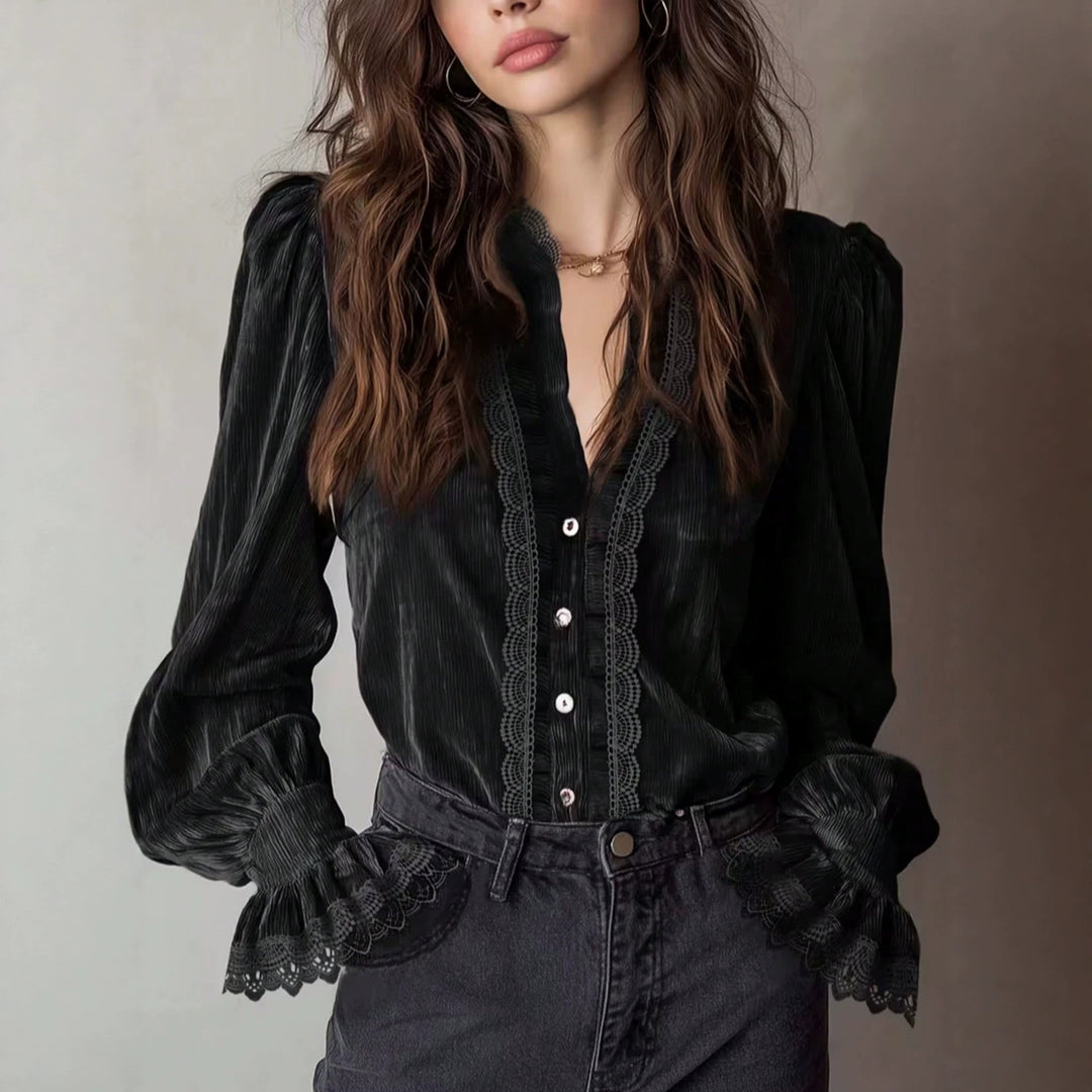 Damen Plissée-Veloursbluse mit Spitzenrüschen und Puffärmeln Shop Nory