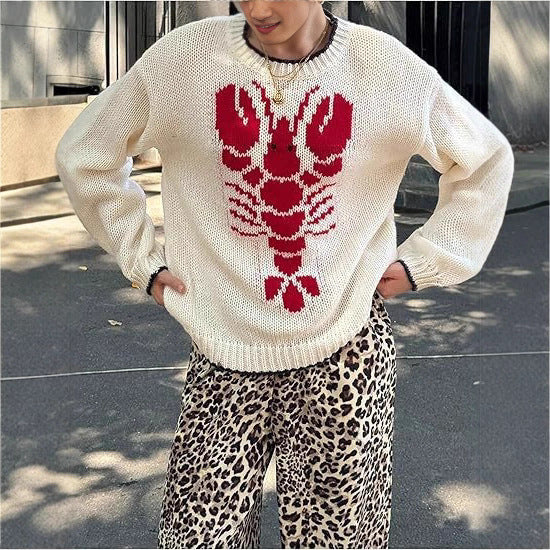 Damen Strickpullover mit maritimem Hummer-Print und lässigem Schnitt