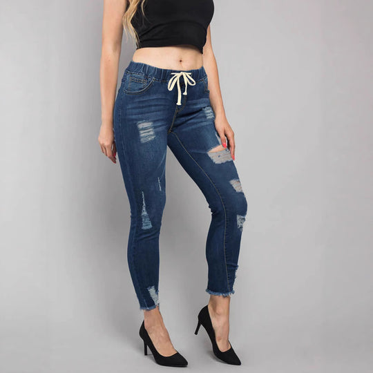 Damen Hochtaillierte Destroyed-Jogger-Jeans mit elastischem Tunnelzugbund und gekürztem Fransen-Saum Shop Nory