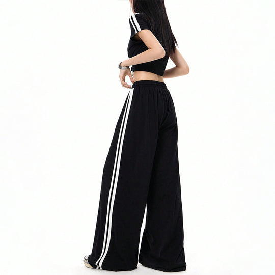 Damen lässige Highwaist weite Sweathose mit elastischem Bund, Tunnelzug und seitlichen Kontraststreifen Shop Nory