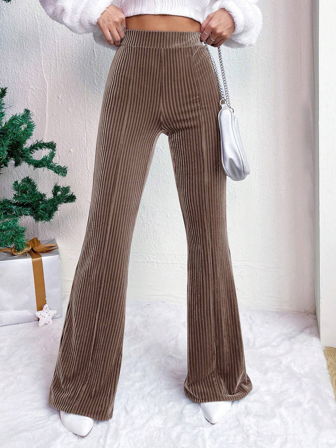 Damen Hochtaillierte gerippte Samt-Hose mit weitem Bein Shop Nory