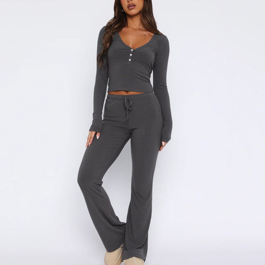 Damen gemütliches Lounge-Set mit langem Oberteil und flared Hose