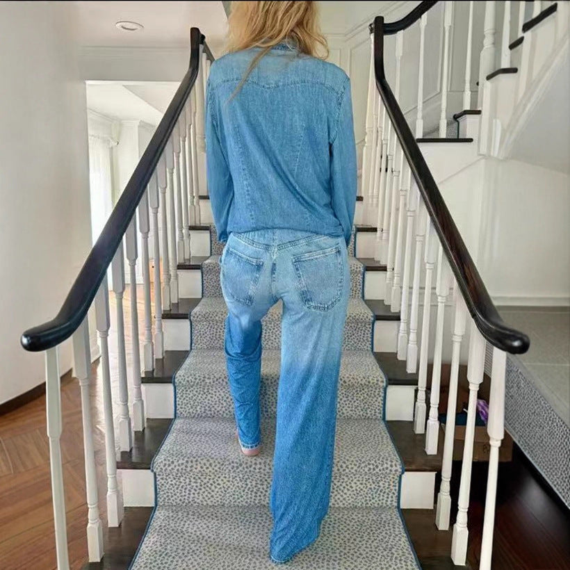 Damen Entspanntes Denim Loungewear-Set mit Übergröße Hemd und Weiten Schlaghosen Shop Nory
