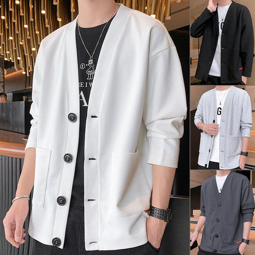 Herren Strukturierte Strickjacke mit V‑Ausschnitt, Dreiknopf‑Front und aufgesetzten Taschen Shop Nory
