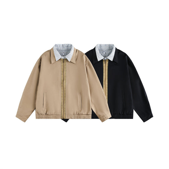 Unisex Boxy-Blousonjacke mit kontrastierender Reißverschlussleiste und kariertem Innenkragen Shop Nory