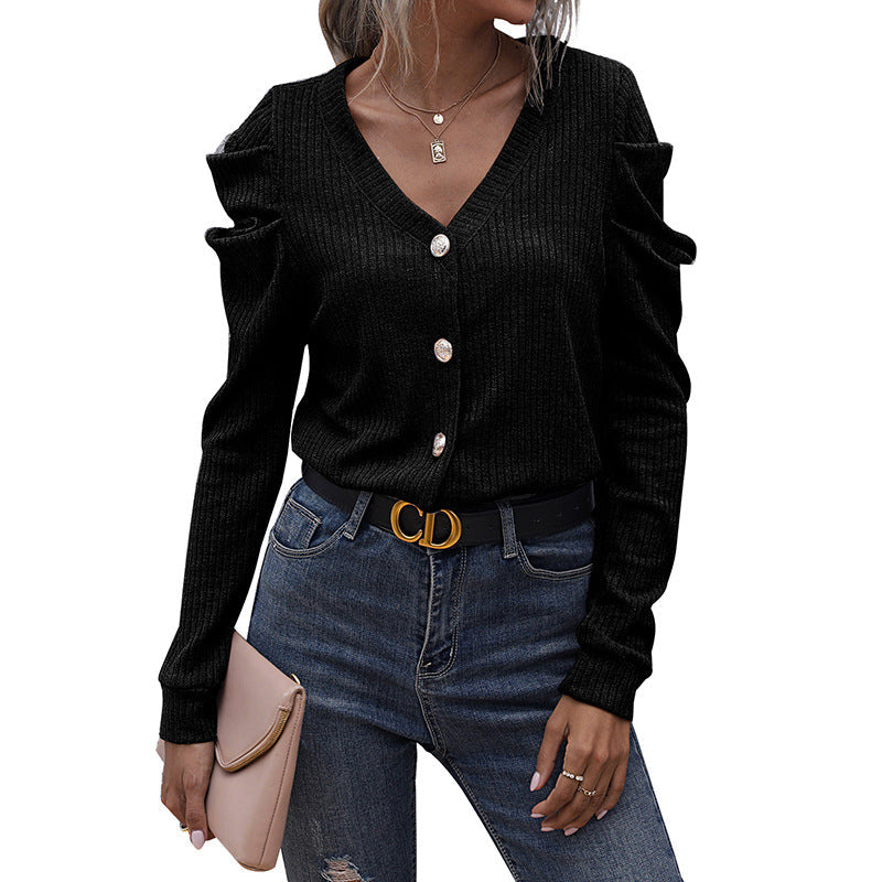 Damen Kurz geschnittener Rippstrick-Cardigan mit gerafften Schultern und Zierknöpfen Shop Nory