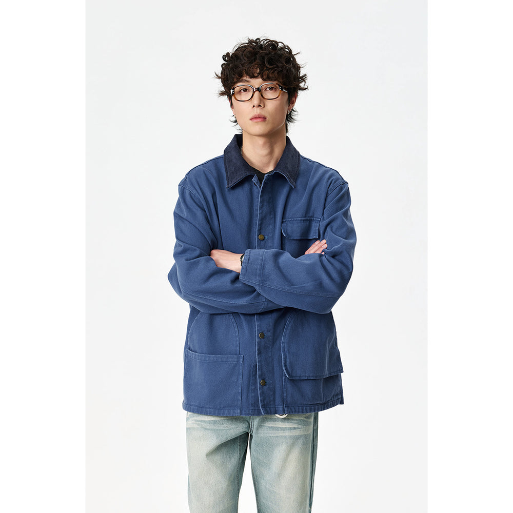Unisex Kastig geschnittene Canvas-Chorejacke mit Cordkragen und aufgesetzten Taschen Shop Nory