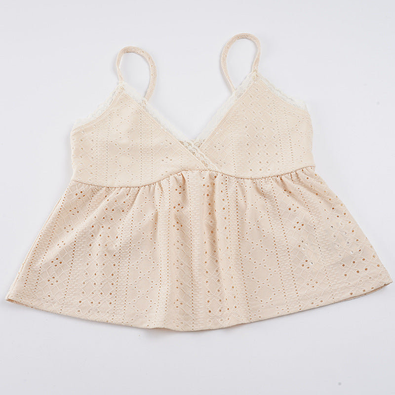 Damen Spaghetti-Trägertop mit feinem Spitzendetail und luftiger Baumwollstruktur