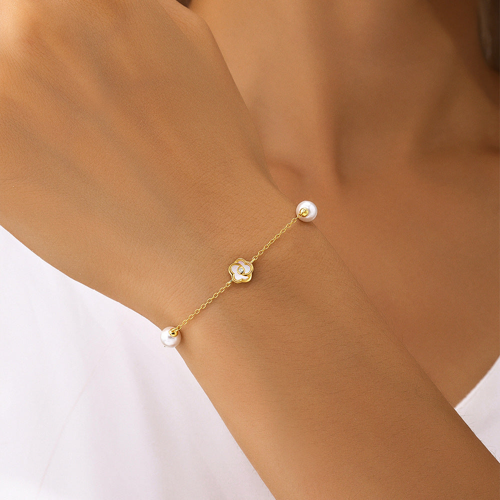 S925 Sterling Silver Perlen Fünfblätterblume Weiße Muschel Temperament Halskette, Armband Set Koreanischer Stil Nische Hoher Sinn Armband Halskette | Shop Nory