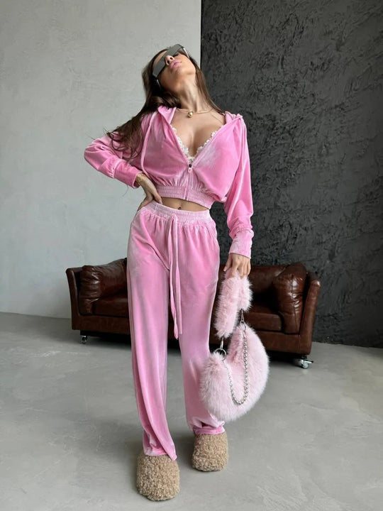 Damen luxuriöser Samt Zweiteiler Jogginganzug mit Cropped Reißverschluss und weiten Hosen Shop Nory