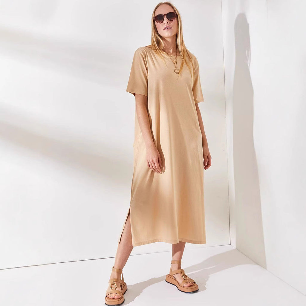 Damen schlichtes langärmliges Kleid mit seitlichen Schlitzen und komfortablem Schnitt Shopnory