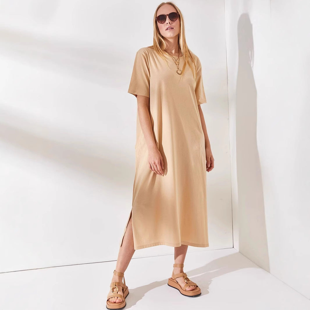 Damen schlichtes langärmliges Kleid mit seitlichen Schlitzen und komfortablem Schnitt Shopnory