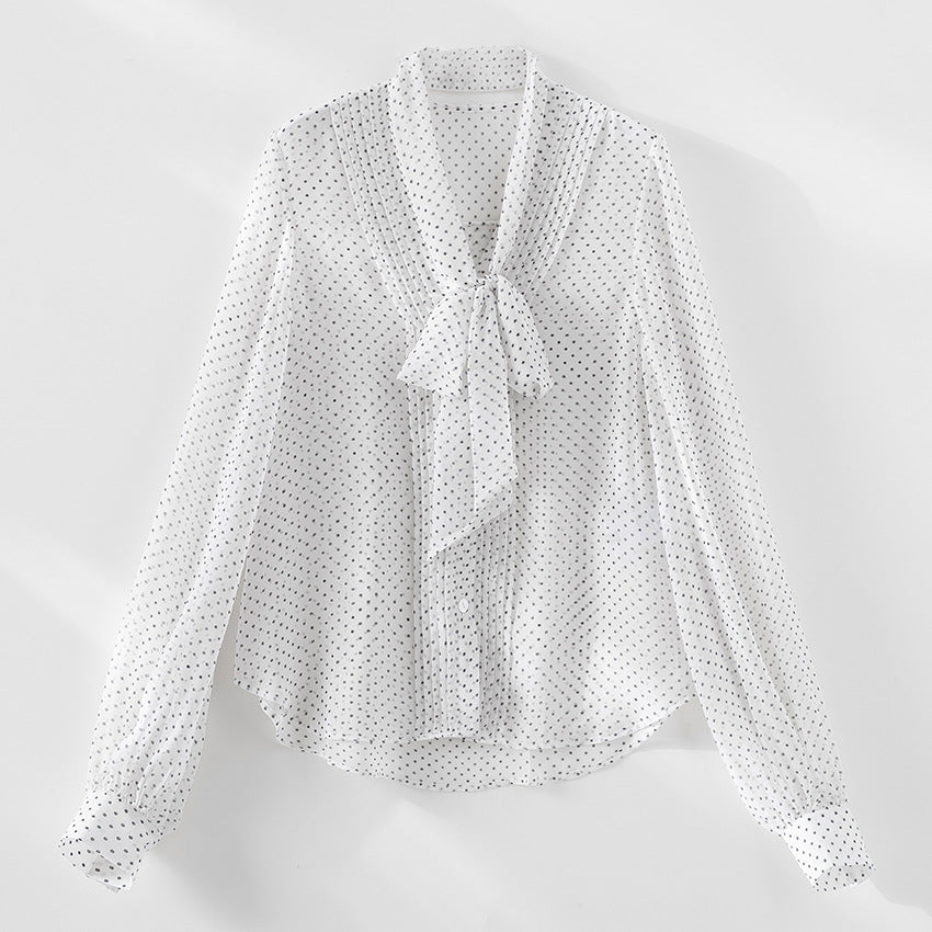 Damen Luftige Polka‑Dot Schlaufenbluse mit Schleifenkragen, Plissée‑Vorderteil und Manschettenärmel Shop Nory