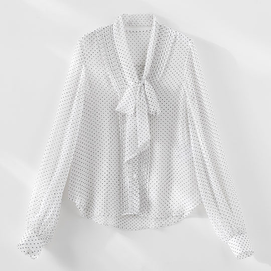 Damen Chiffonbluse mit Schleifenkragen, feinen Pintucks und Tupfenmuster Shop Nory
