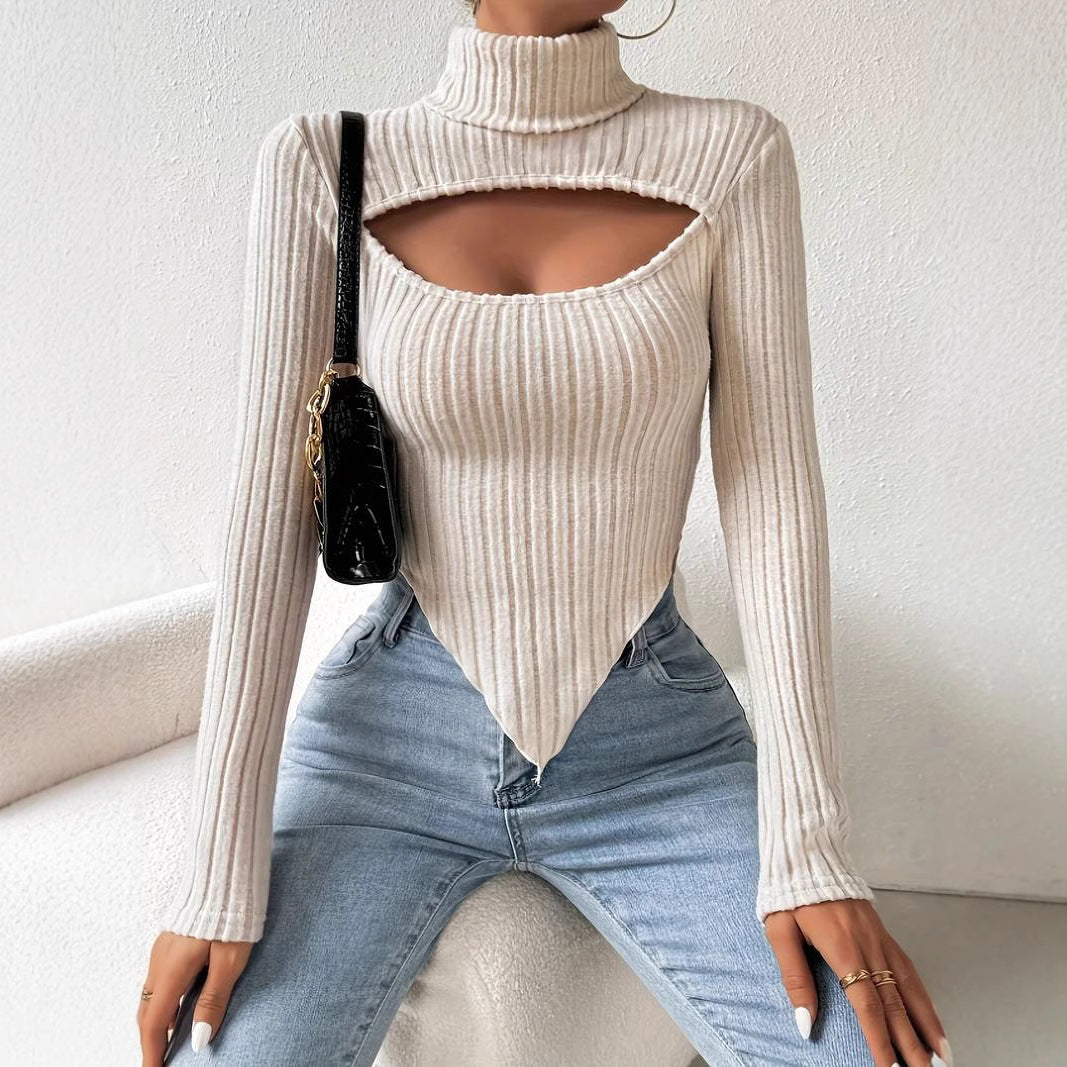 Damen geripptes Rollkragen-Top mit Cut-Out, spitz zulaufendem Zipfel-Saum und figurbetonter Stretch-Passform Shop Nory