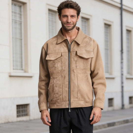 Herren nan oversized Velourslederjacke mit Reißverschluss, Hemdkragen und aufgesetzten Pattentaschen Shop Nory