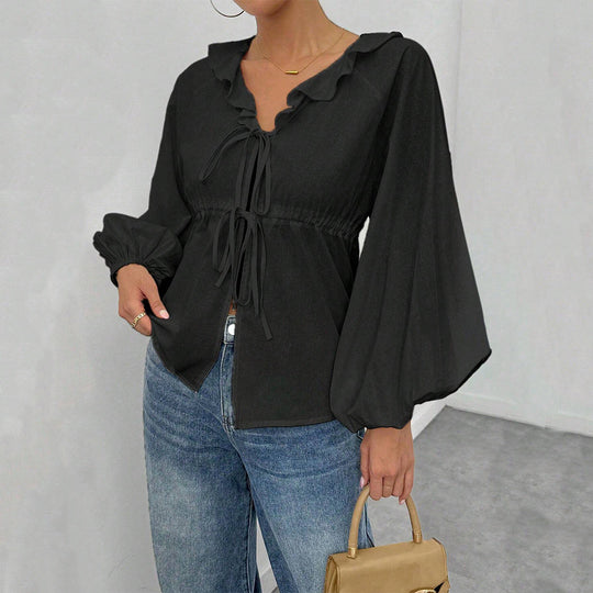 Damen lässige Rüschenbluse mit V‑Ausschnitt, Bindebändern und weiten Ballonärmeln Shop Nory