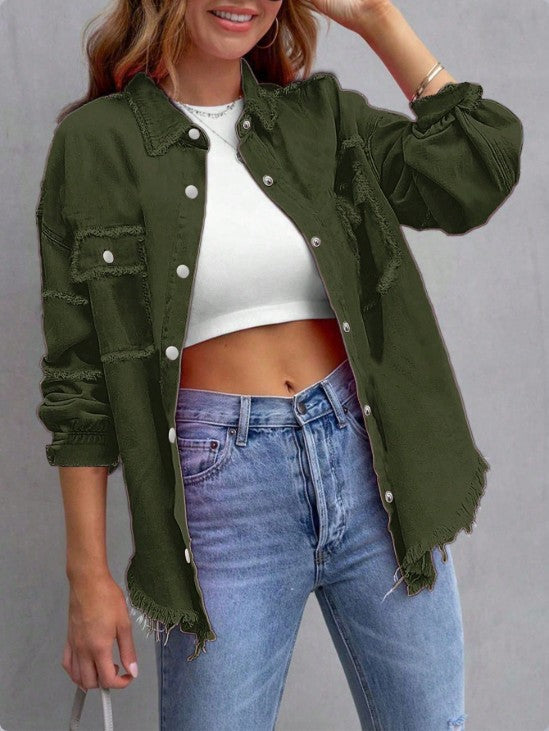 Damen Lässige Oversized-Denim-Hemdjacke mit Rohsaum und Pattentaschen Shop Nory